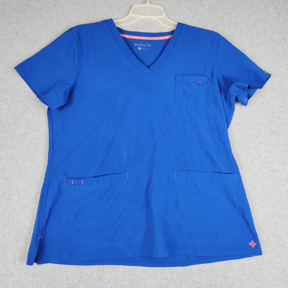 Med‎ Couture Scrub Top Womens Large Blue Short Sleeve Stretch Performance V-Neck